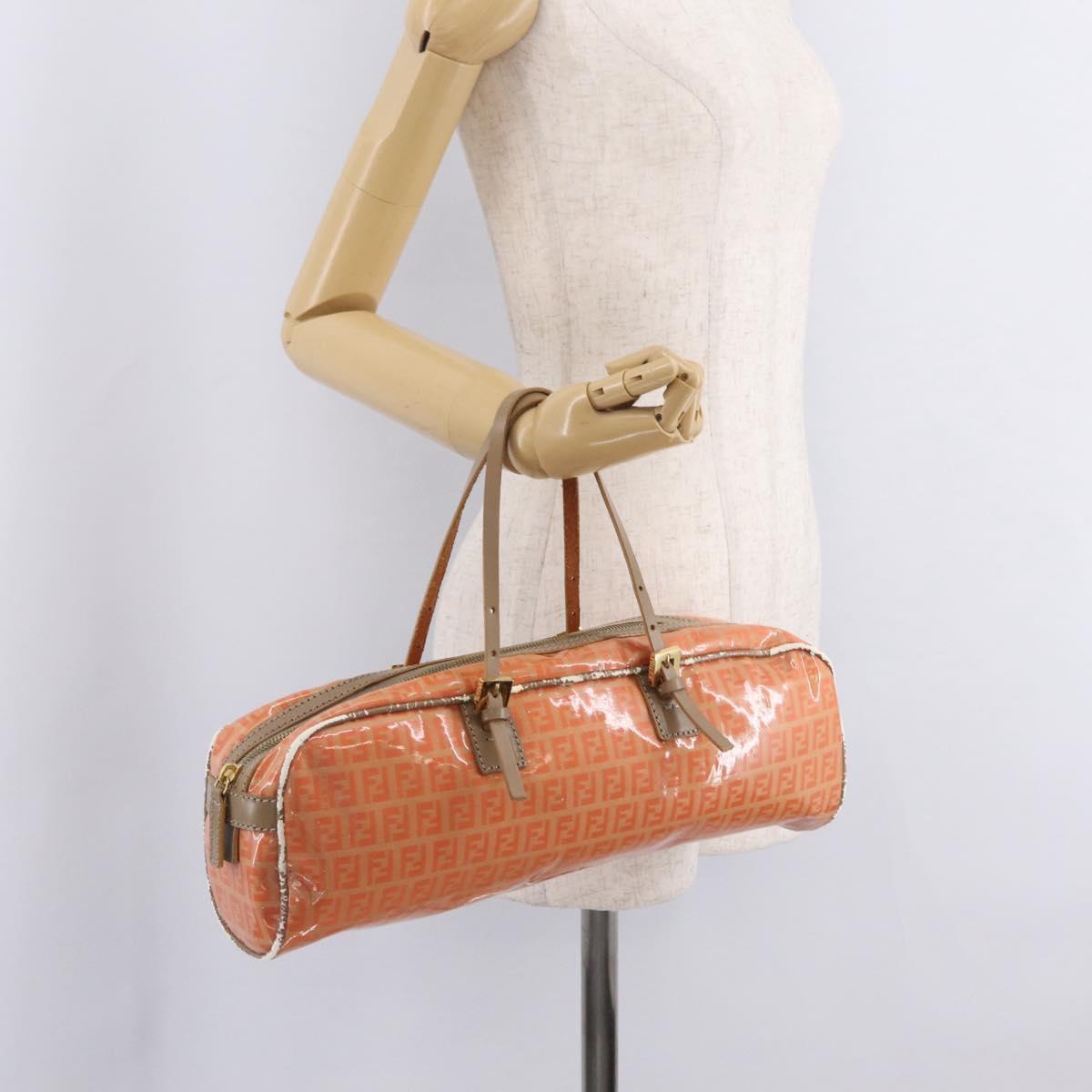 FENDI Zucchino Canvas Hand Bag Coated Canvas Orange Gold Auth 209422