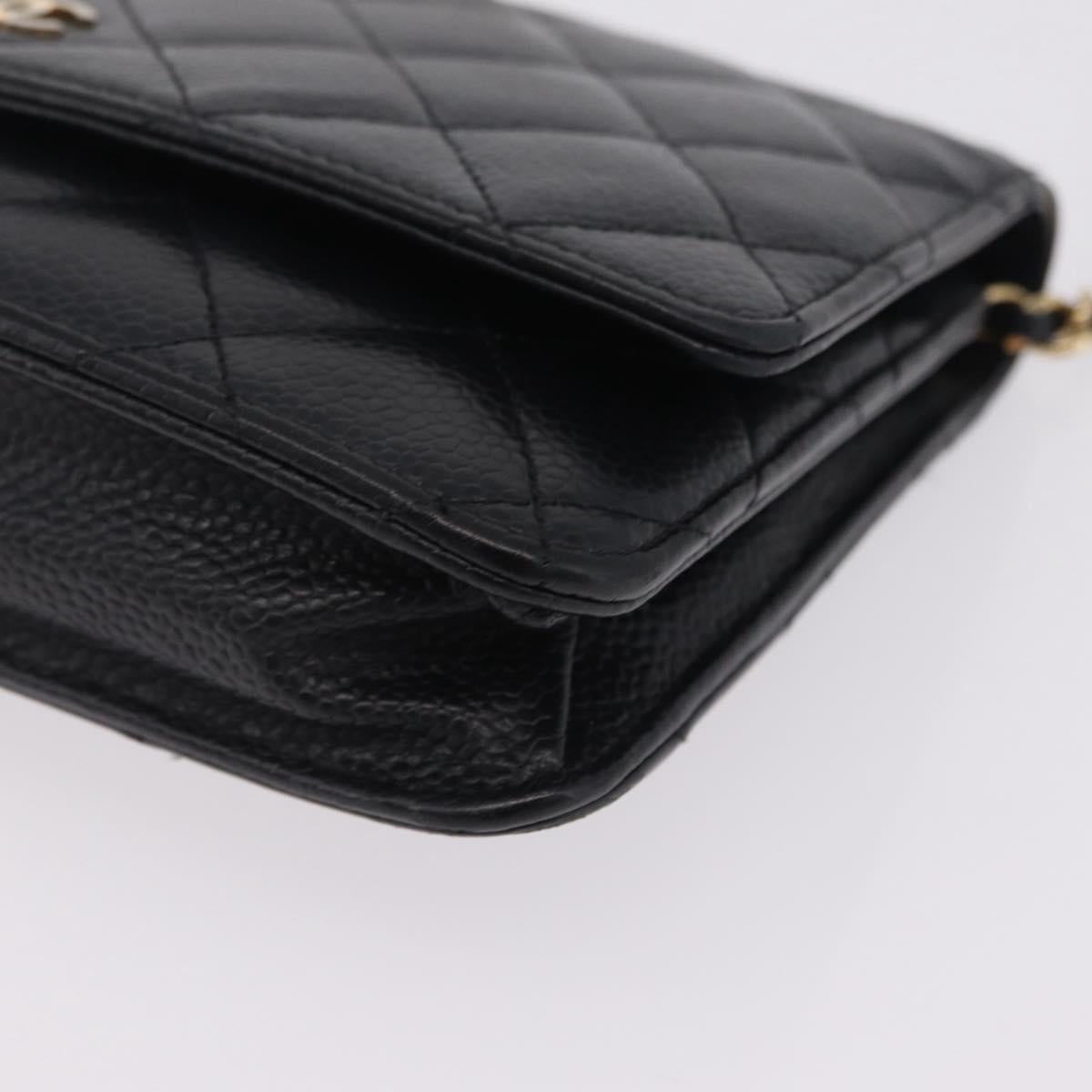 CHANEL Matelasse Chain Shoulder Wallet Caviar Skin Black Gold CC Auth 209451M
