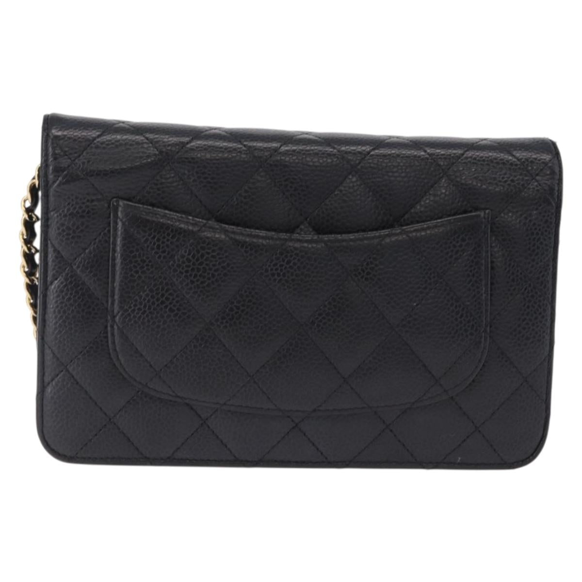 CHANEL Matelasse Chain Shoulder Wallet Caviar Skin Black Gold CC Auth 209451M