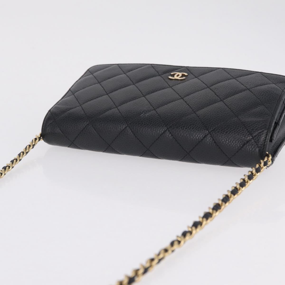CHANEL Matelasse Chain Shoulder Wallet Caviar Skin Black Gold CC Auth 209451M