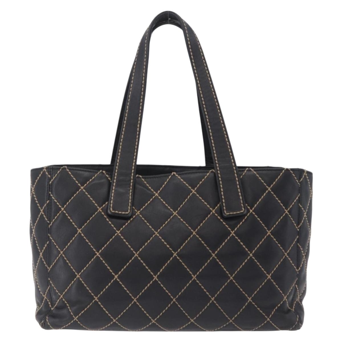 CHANEL Matelasse Wild Stitch Tote Bag Leather Black Gold CC Auth 209454A