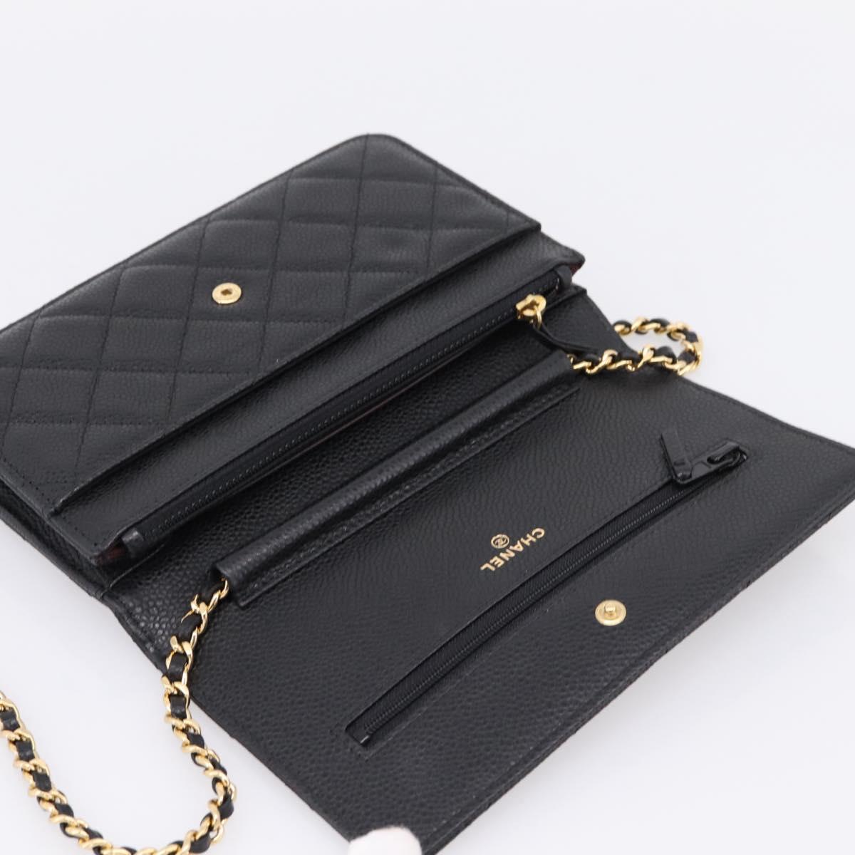 CHANEL Matelasse ChainShoulder Wallet Caviar Skin Black Gold CC Auth 209471SAM