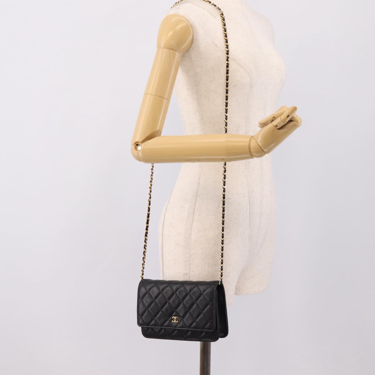 CHANEL Matelasse ChainShoulder Wallet Caviar Skin Black Gold CC Auth 209471SAM