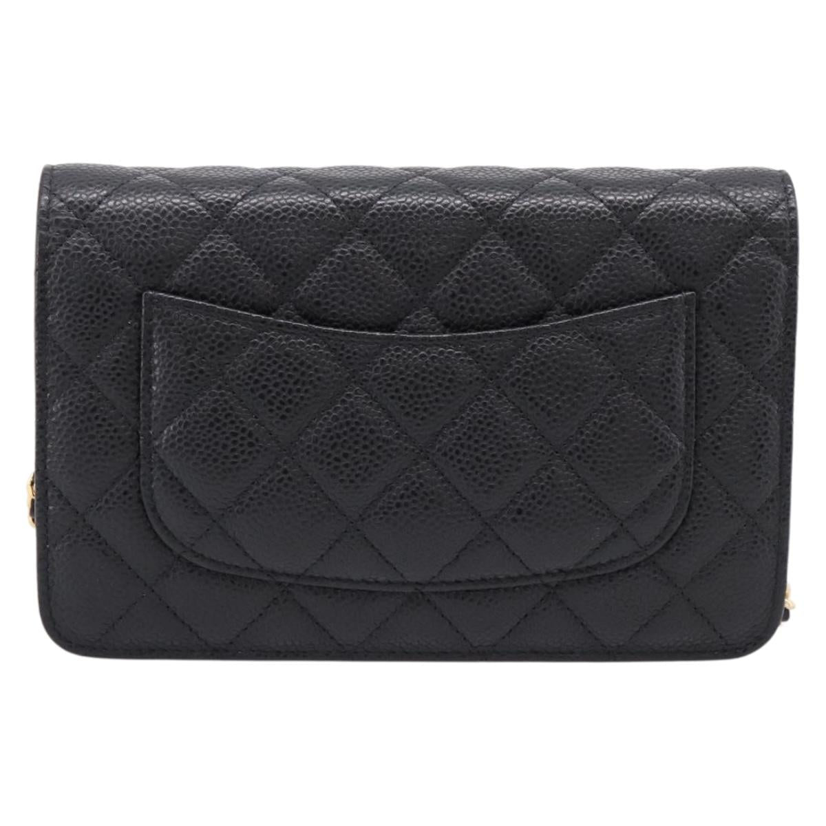 CHANEL Matelasse ChainShoulder Wallet Caviar Skin Black Gold CC Auth 209471SAM