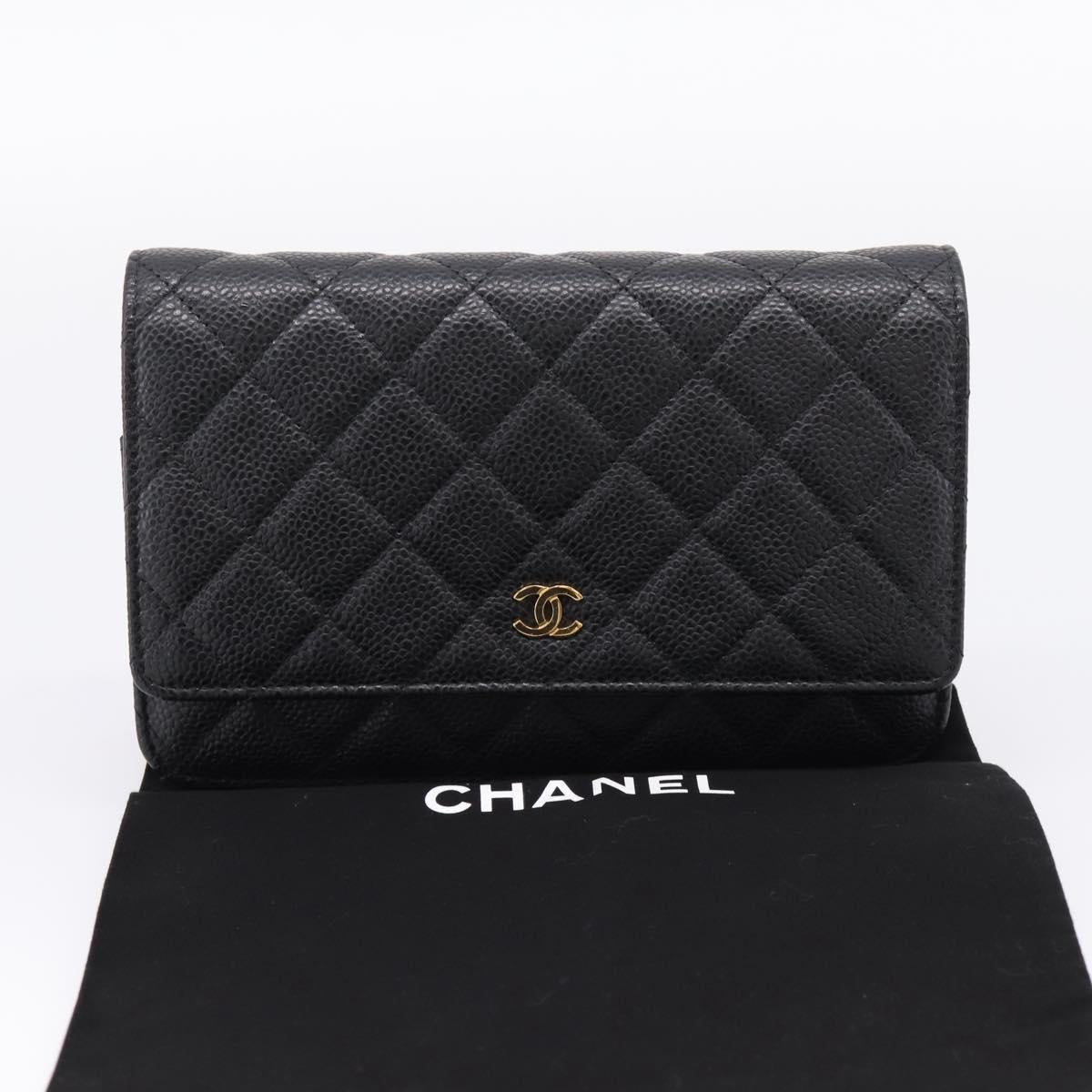CHANEL Matelasse ChainShoulder Wallet Caviar Skin Black Gold CC Auth 209471SAM