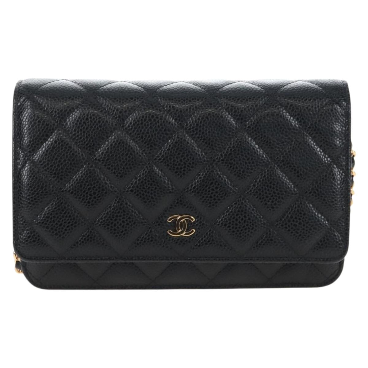 CHANEL Matelasse Chain Shoulder Wallet Caviar Skin Black Gold CC Auth 209472SAM