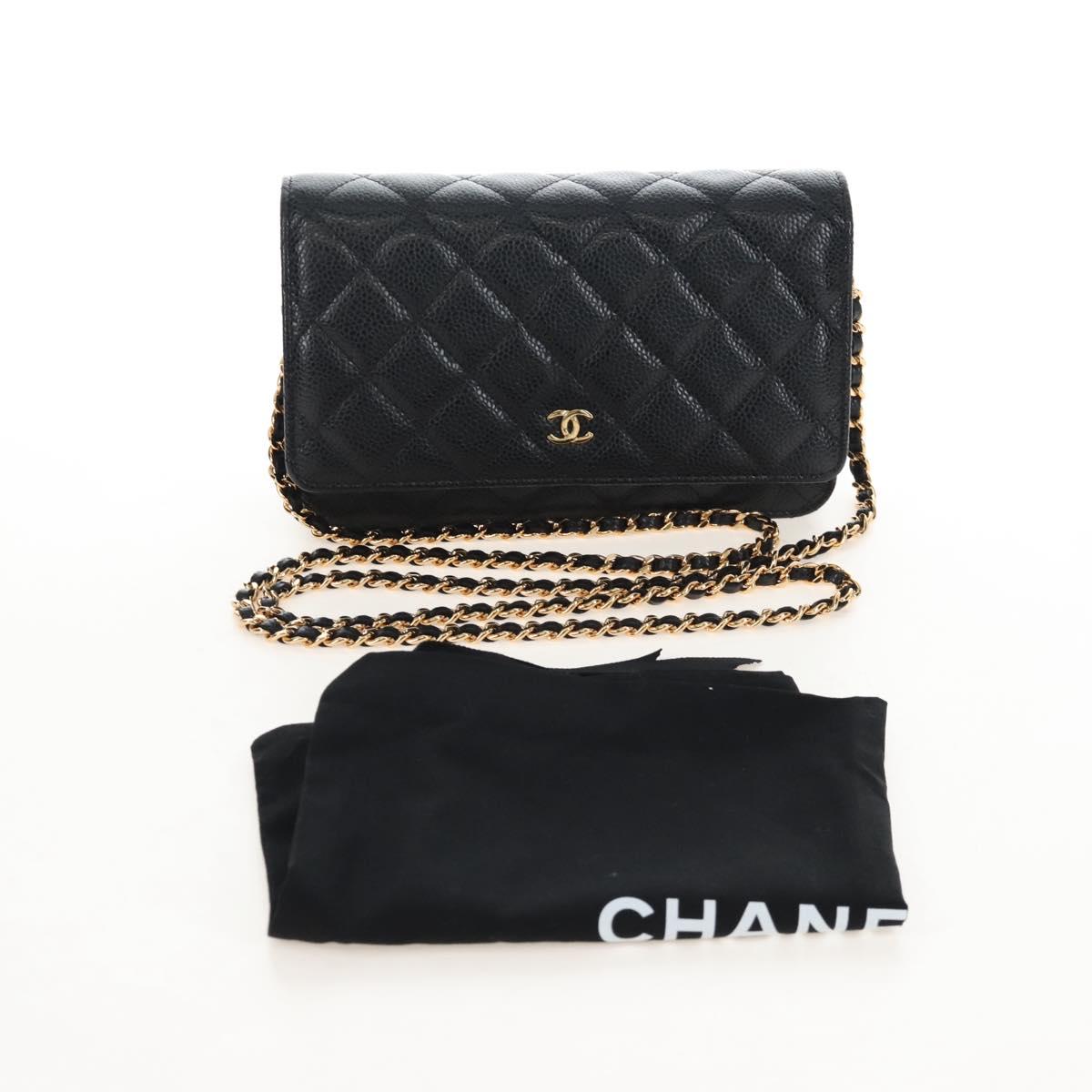 CHANEL Matelasse Chain Shoulder Wallet Caviar Skin Black Gold CC Auth 209472SAM