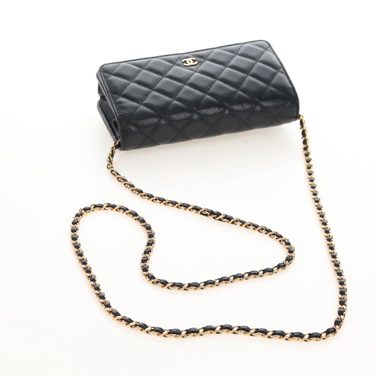 CHANEL Matelasse Chain Shoulder Wallet Caviar Skin Black Gold CC Auth 209472SAM