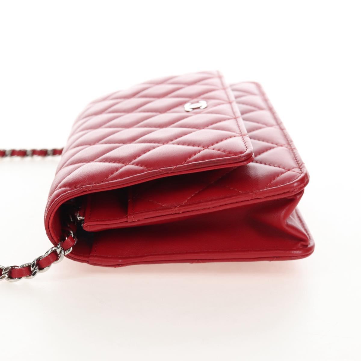 CHANEL Chain Shoulder Bag Lamb Skin Red Silver CC Auth 209493SAM