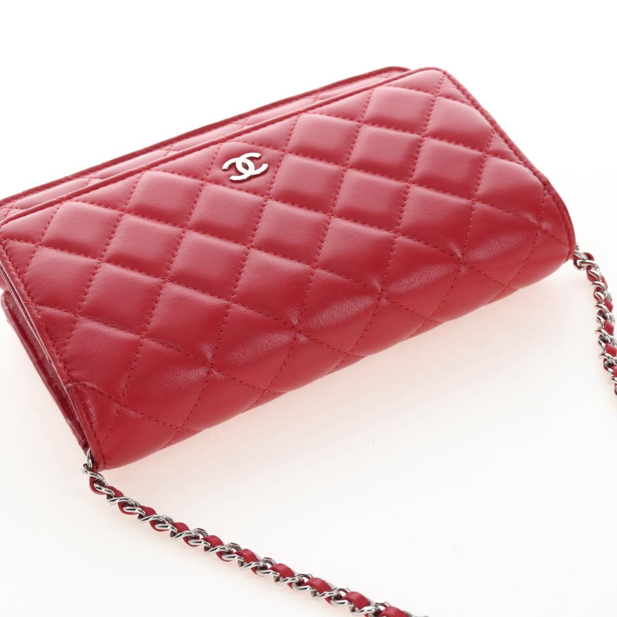 CHANEL Chain Shoulder Bag Lamb Skin Red Silver CC Auth 209493SAM