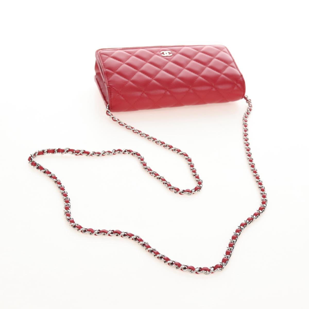 CHANEL Chain Shoulder Bag Lamb Skin Red Silver CC Auth 209493SAM