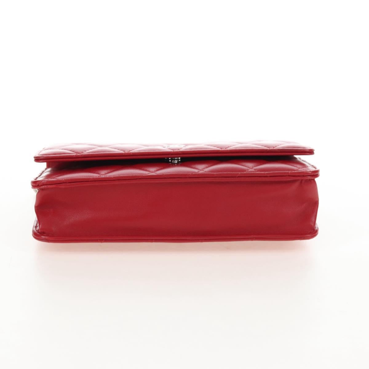 CHANEL Chain Shoulder Bag Lamb Skin Red Silver CC Auth 209493SAM