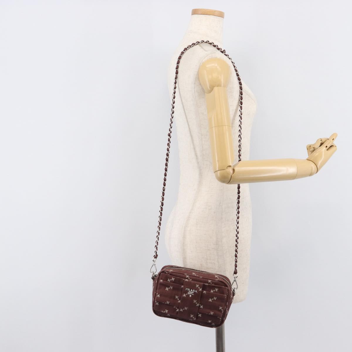PRADA Chain Shoulder Bag Canvas Brown Silver Auth 209497A