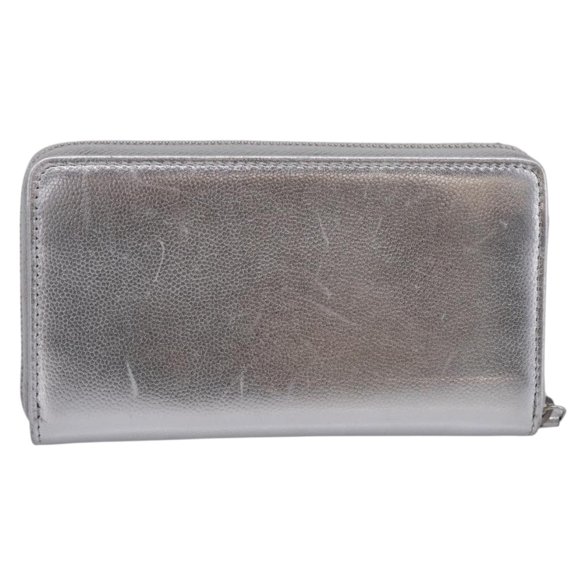 CHANEL Long Wallet Leather Silver CC Auth 209498V
