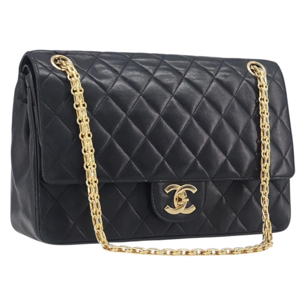 CHANEL Matelasse Chain Shoulder Bag Lamb Skin Black Gold CC Auth 209510V