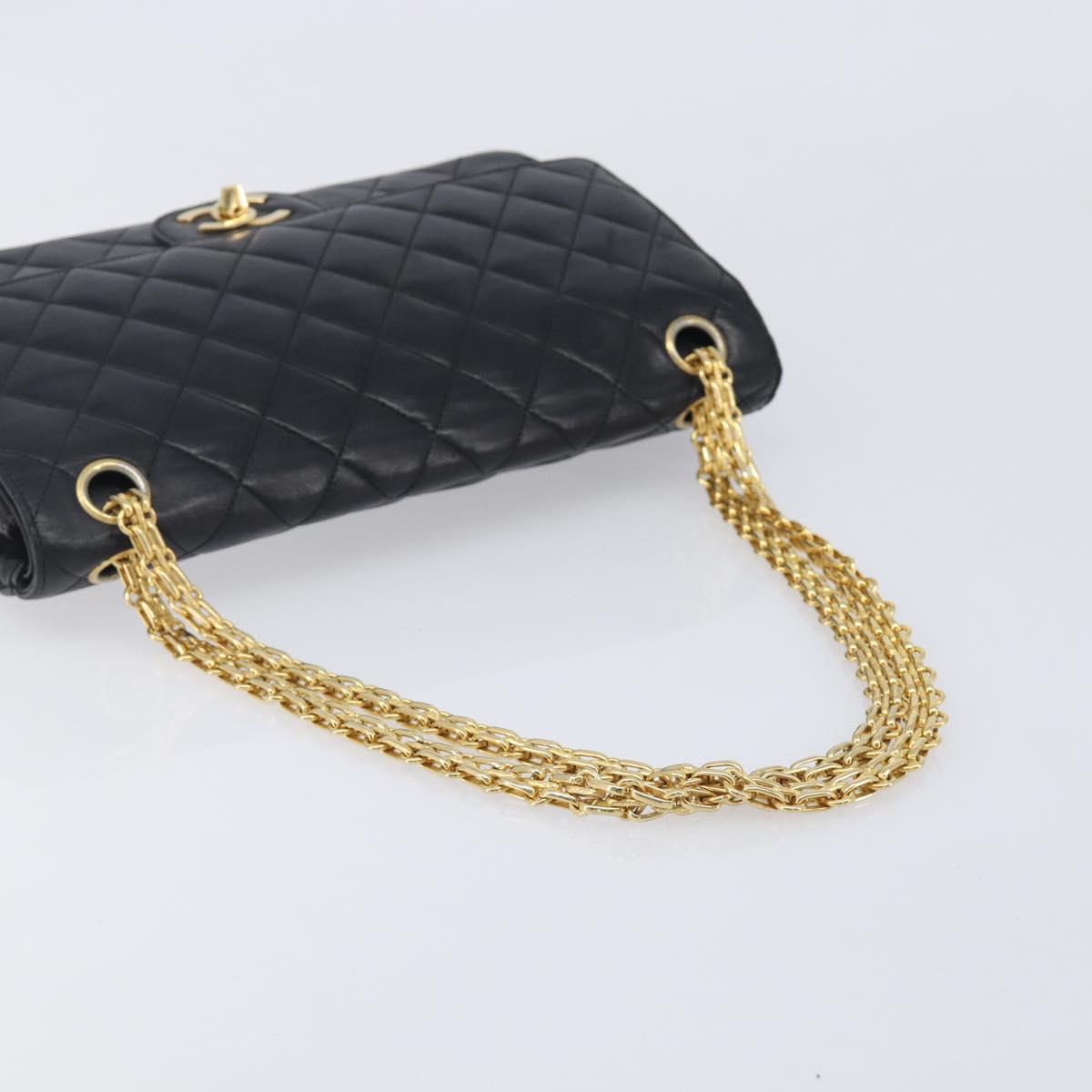 CHANEL Matelasse Chain Shoulder Bag Lamb Skin Black Gold CC Auth 209510V