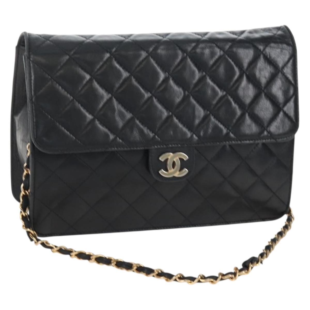 CHANEL Matelasse Chain Shoulder Bag Lamb Skin Black Gold CC Auth 209543A