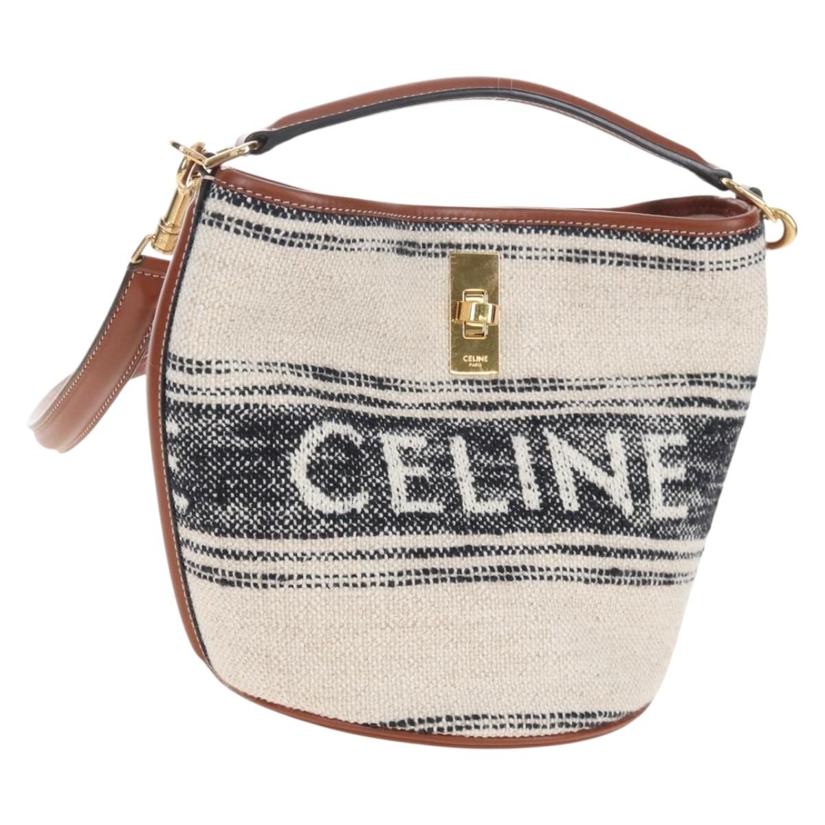 CELINE Teen Bucket 16 Shoulder Bag Canvas 2way Beige Gold Auth 209548M