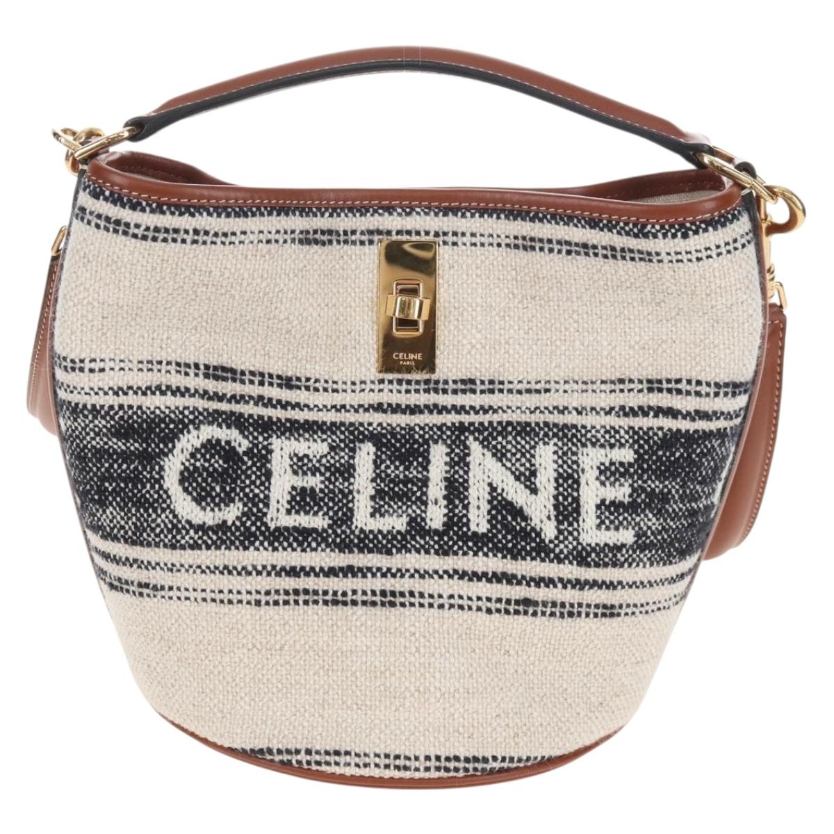 CELINE Teen Bucket 16 Shoulder Bag Canvas 2way Beige Gold Auth 209548M