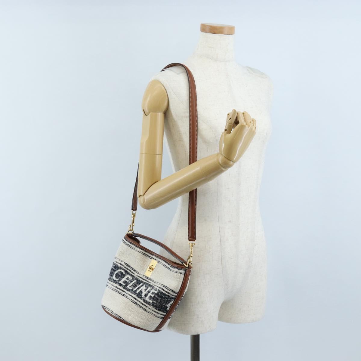 CELINE Teen Bucket 16 Shoulder Bag Canvas 2way Beige Gold Auth 209548M