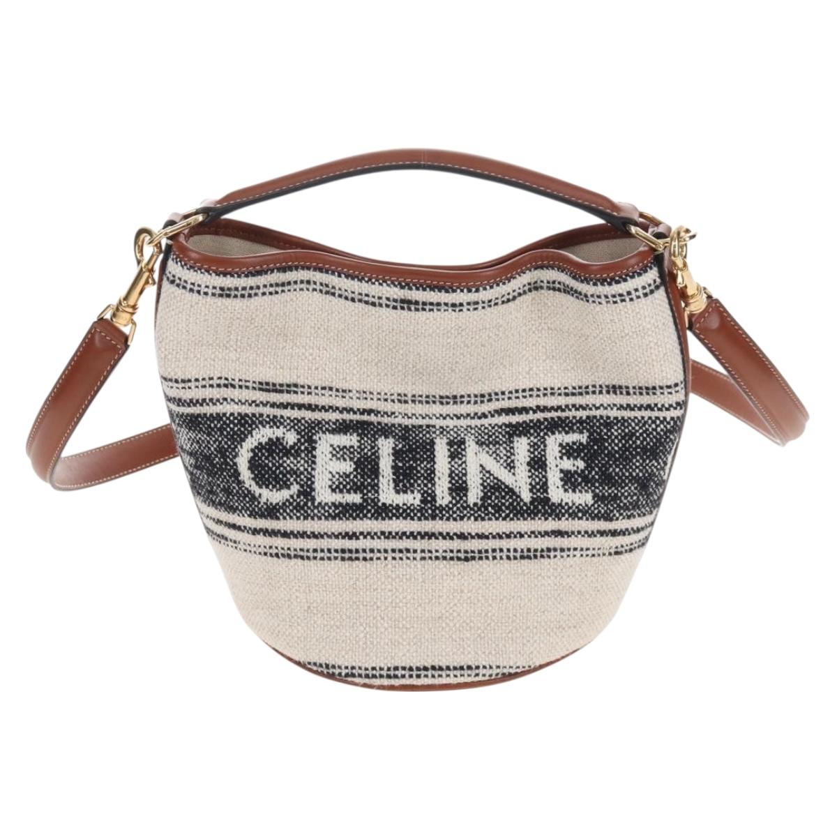 CELINE Teen Bucket 16 Shoulder Bag Canvas 2way Beige Gold Auth 209548M