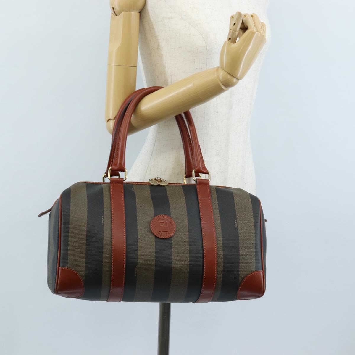 FENDI Pecan Canvas Boston Bag PVC Black Brown Auth 209549V