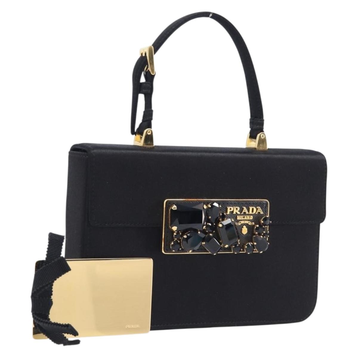 PRADA Hand Bag Satin Black Gold Tone Auth 209561M