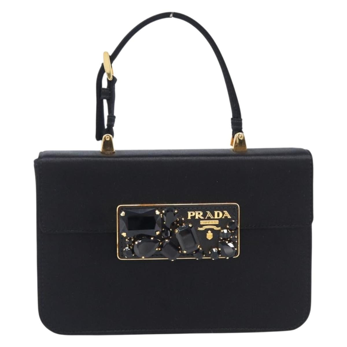 PRADA Hand Bag Satin Black Gold Tone Auth 209561M