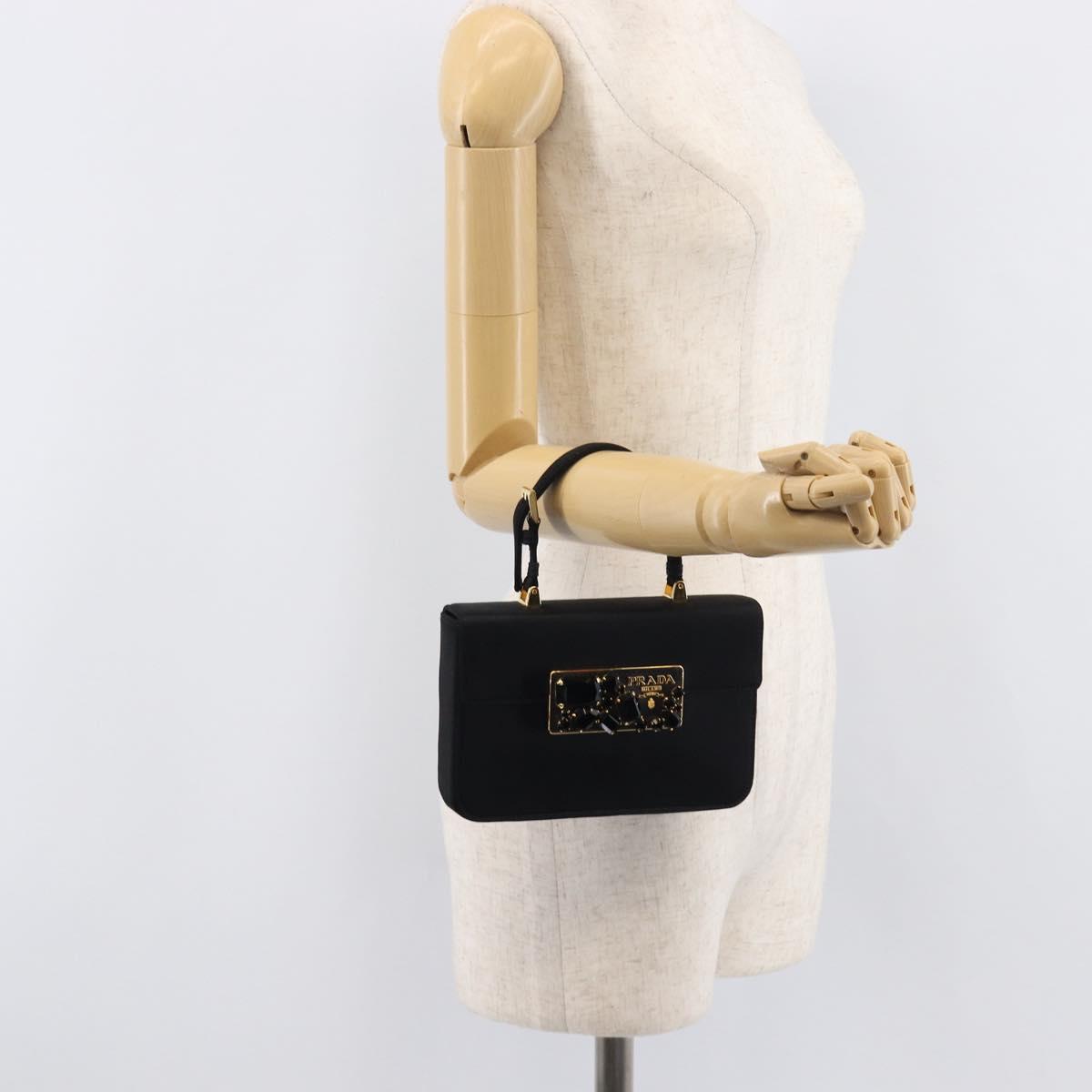 PRADA Hand Bag Satin Black Gold Tone Auth 209561M