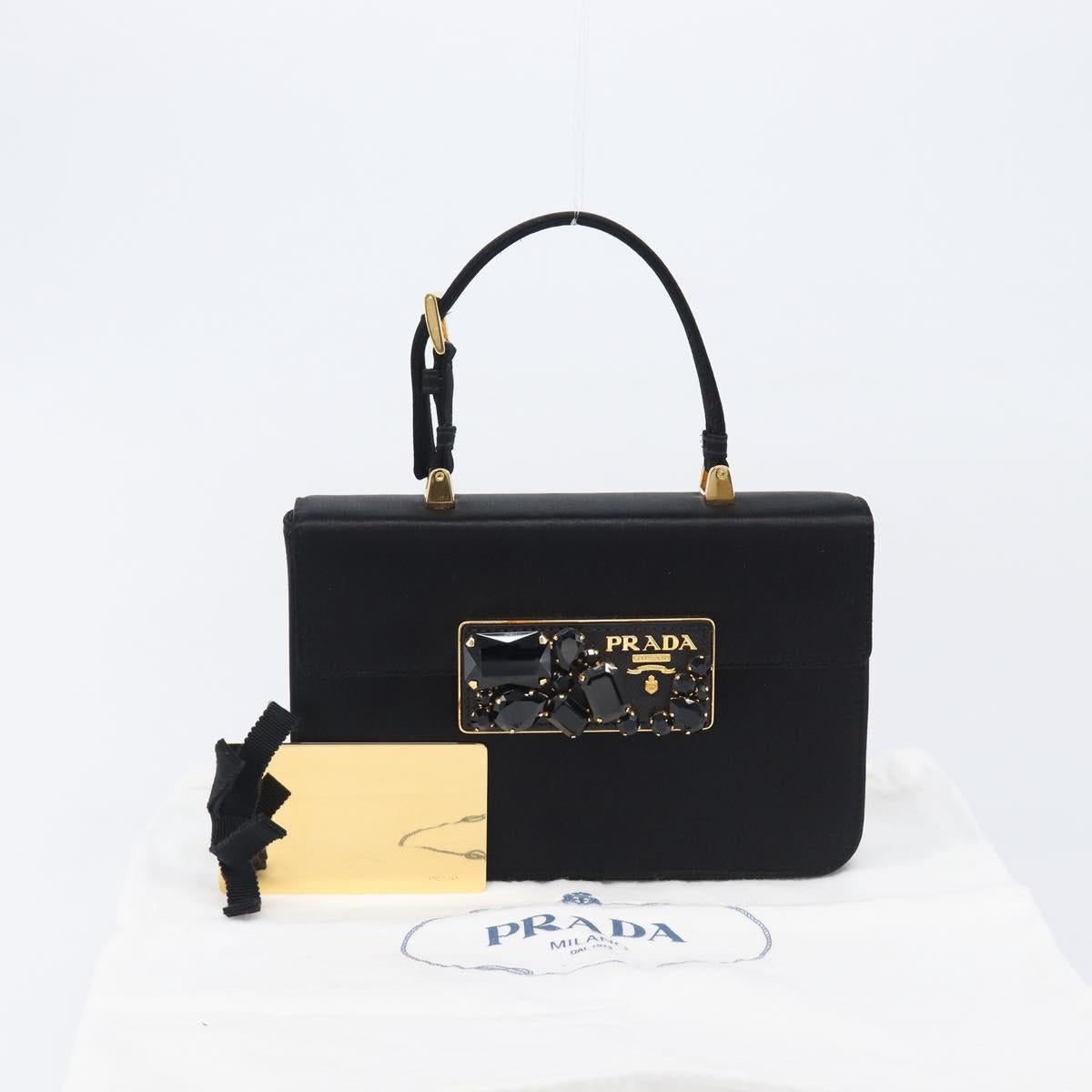 PRADA Hand Bag Satin Black Gold Tone Auth 209561M