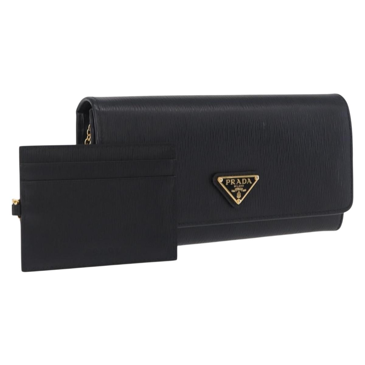 PRADA Long Wallet Leather Black Gold Tone Auth 209571M