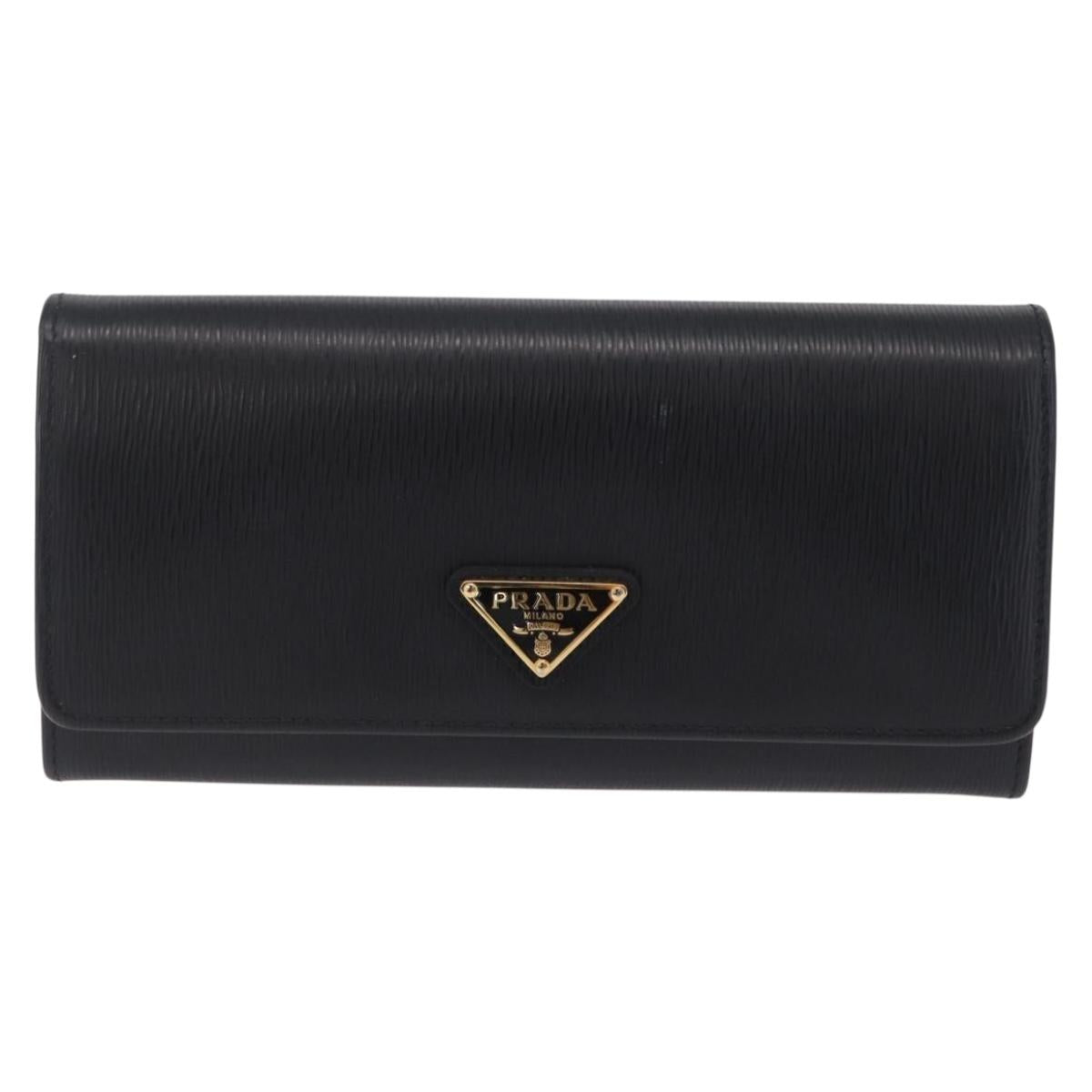 PRADA Long Wallet Leather Black Gold Tone Auth 209571M