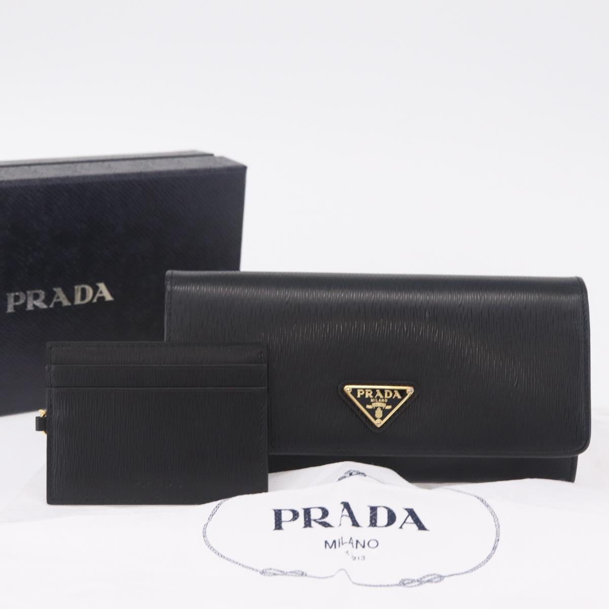 PRADA Long Wallet Leather Black Gold Tone Auth 209571M