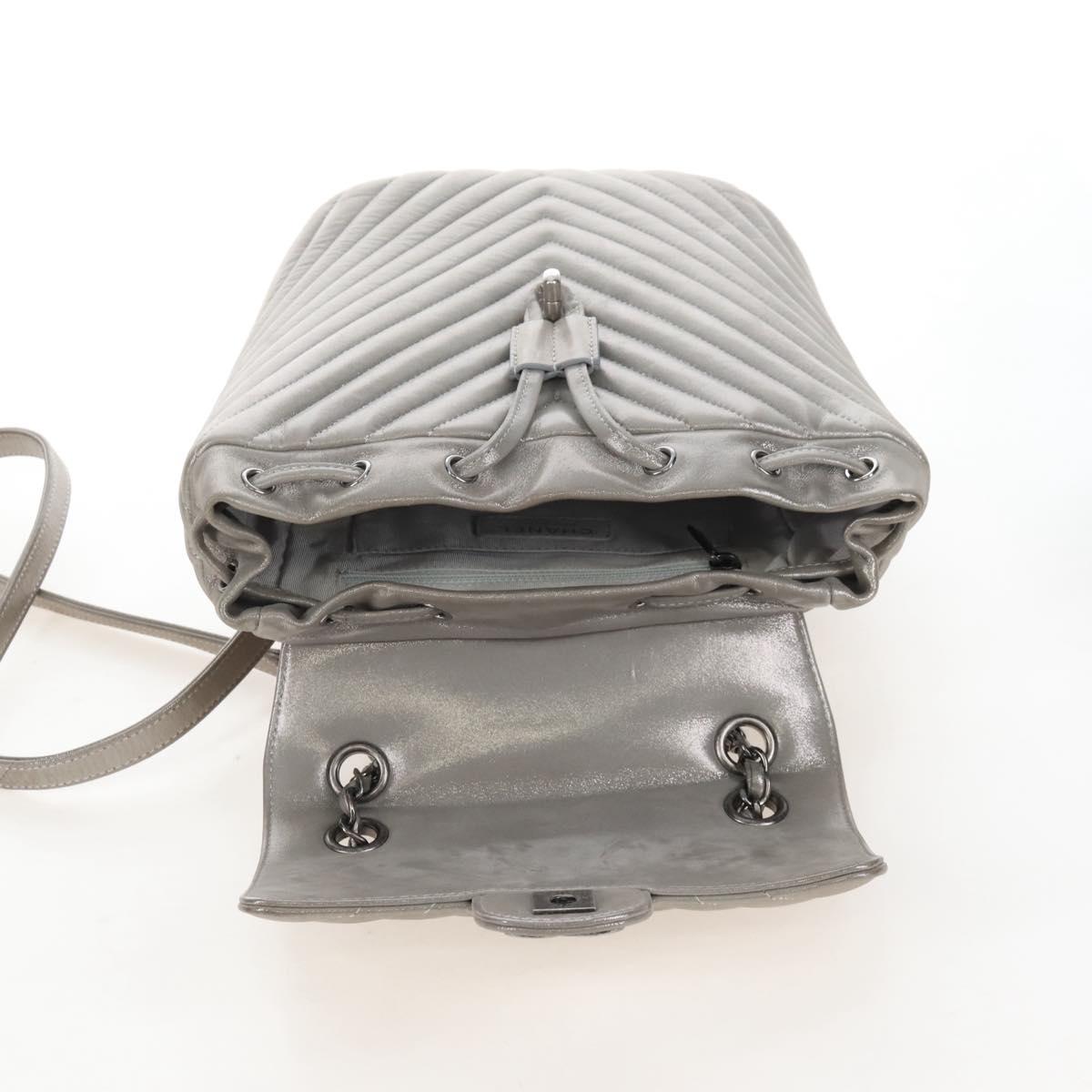 CHANEL V Stitch Backpack Leather Silver CC Auth 209577V