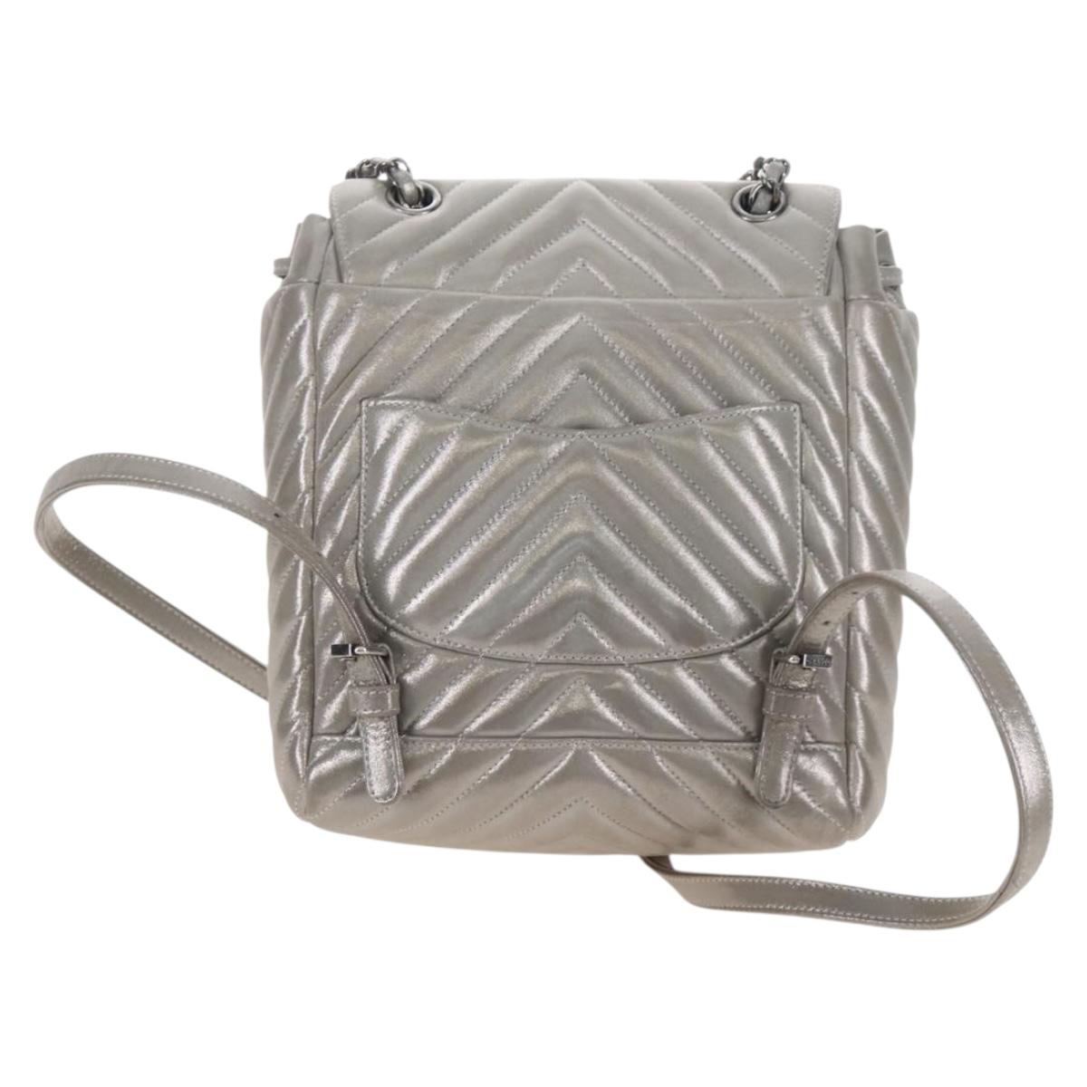 CHANEL V Stitch Backpack Leather Silver CC Auth 209577V