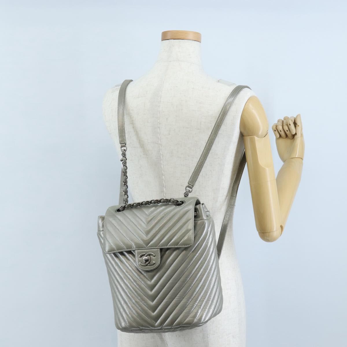 CHANEL V Stitch Backpack Leather Silver CC Auth 209577V