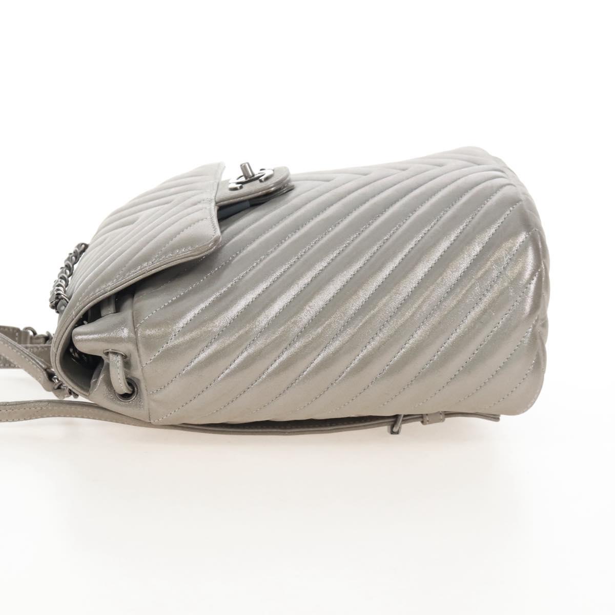 CHANEL V Stitch Backpack Leather Silver CC Auth 209577V