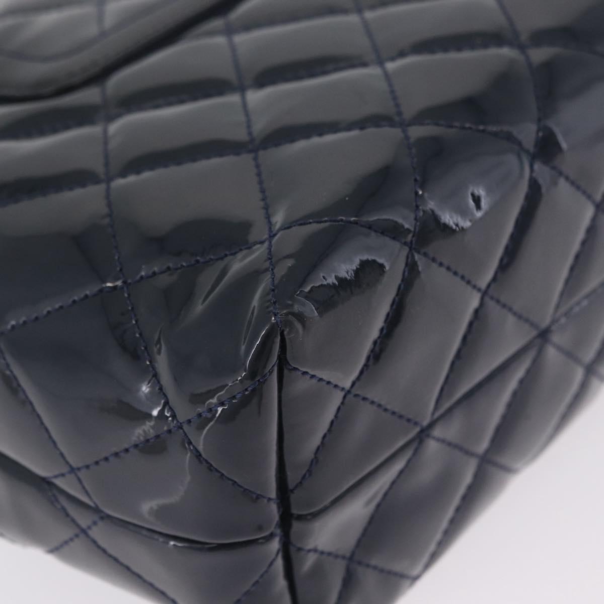CHANEL Matelasse Chain Shoulder Bag Patent Navy Silver CC Auth 209580A