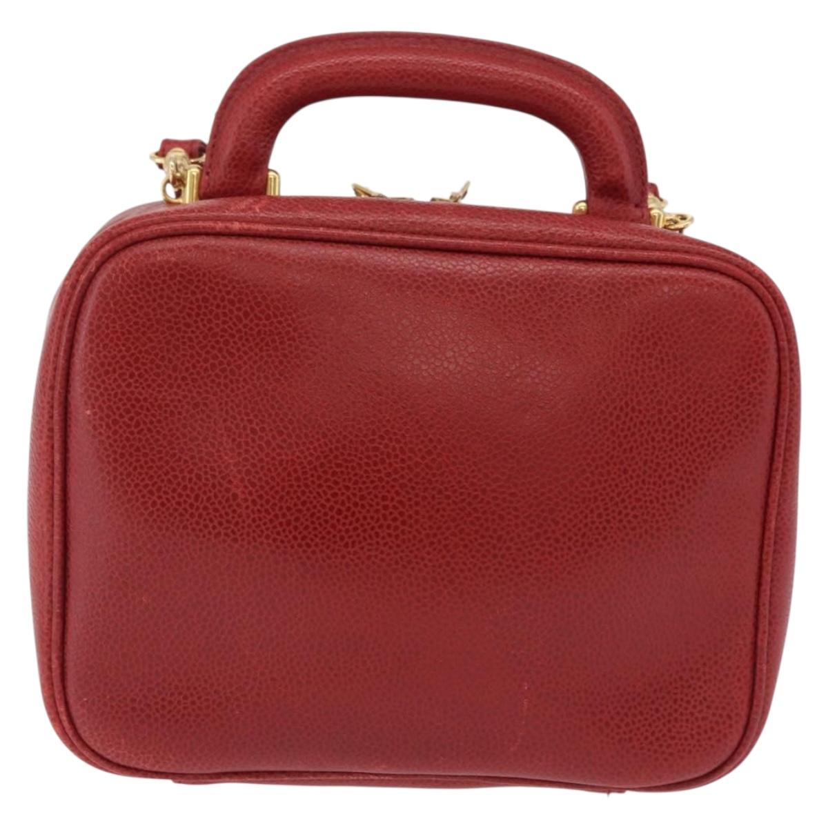 CHANEL Vanity Hand Bag Caviar Skin 2way Red Gold Tone CC Auth 209581