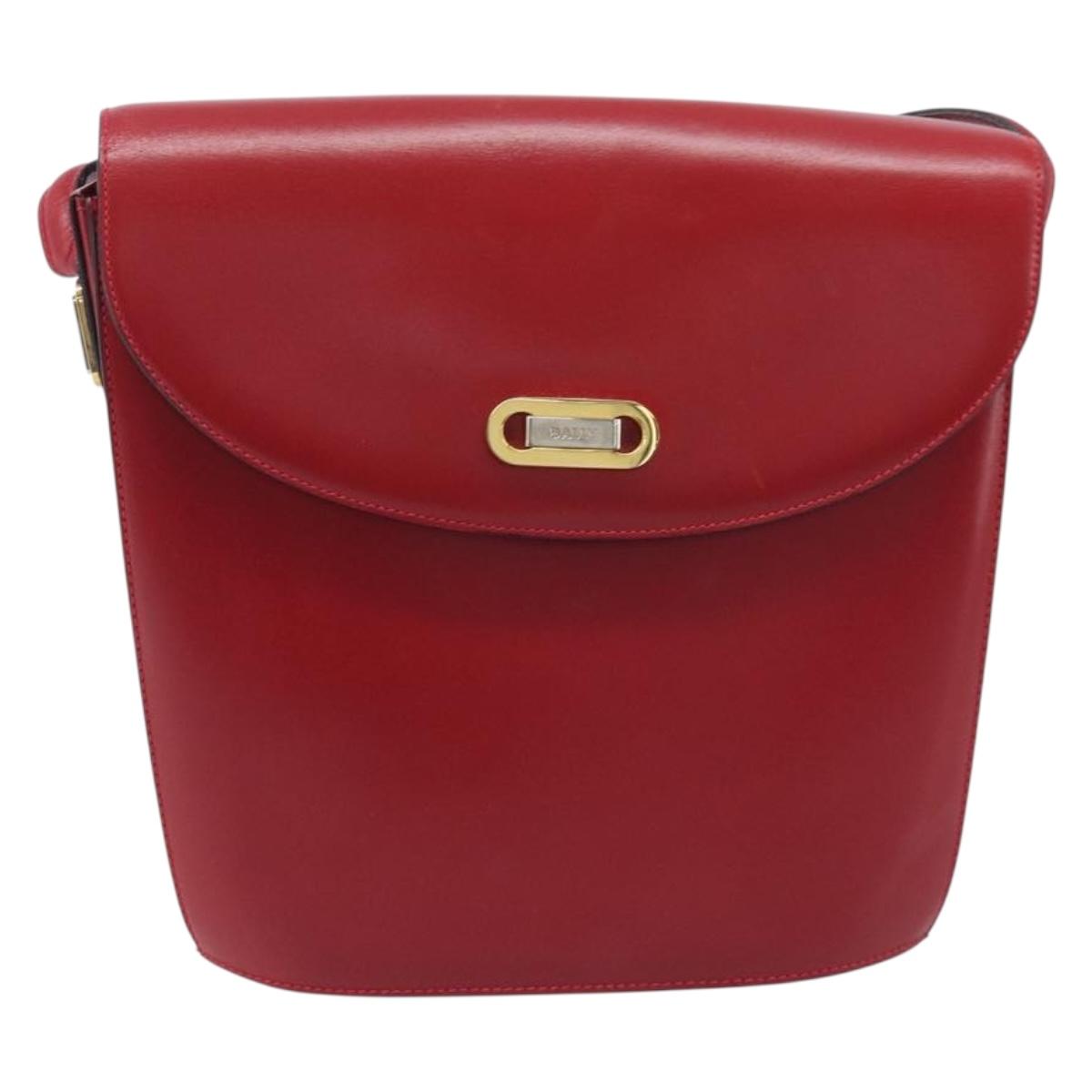 Bally Shoulder Bag Leather Red Gold Tone Auth 209593