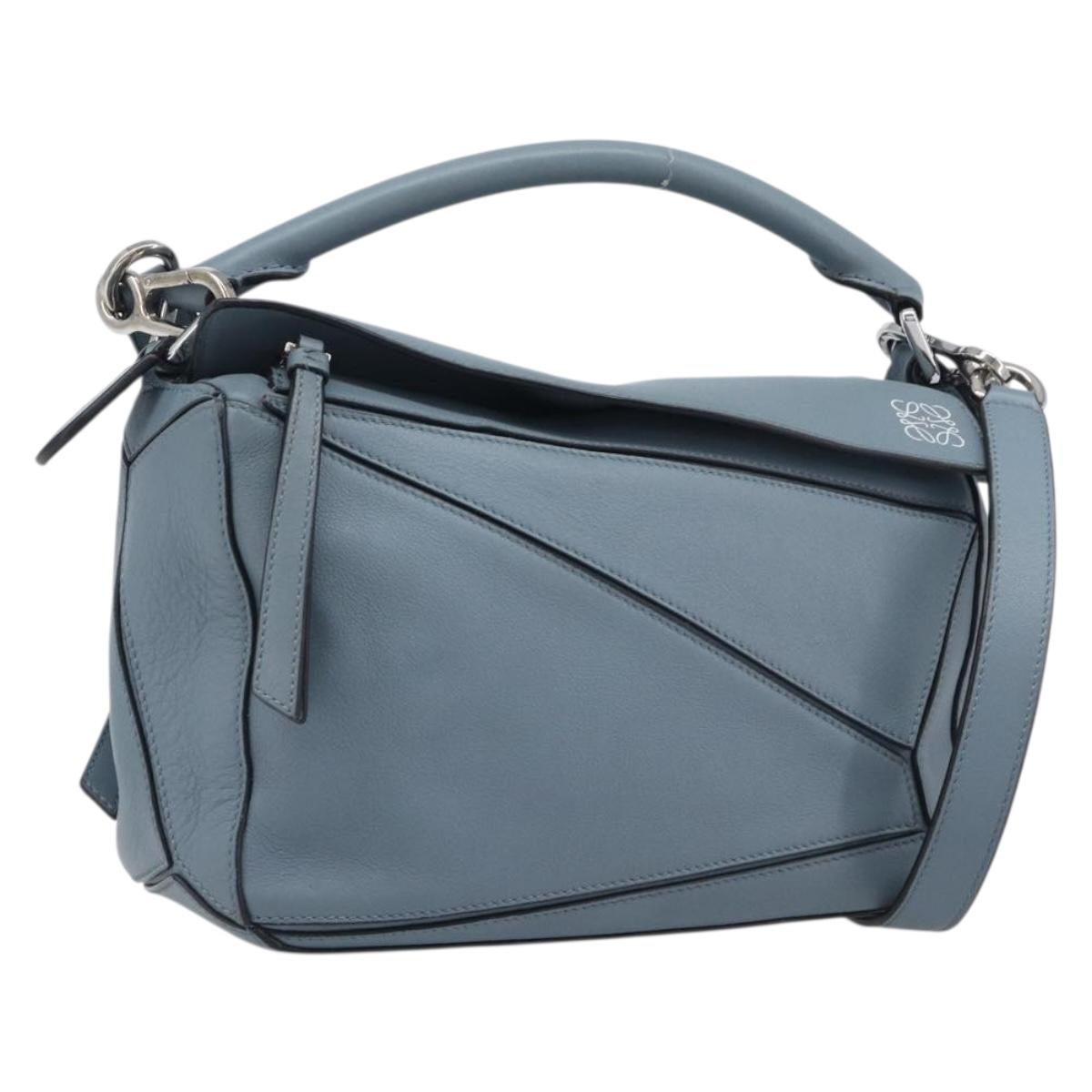 LOEWE Puzzle Bag Shoulder Bag Leather 2way Light Blue Silver Auth 209596M