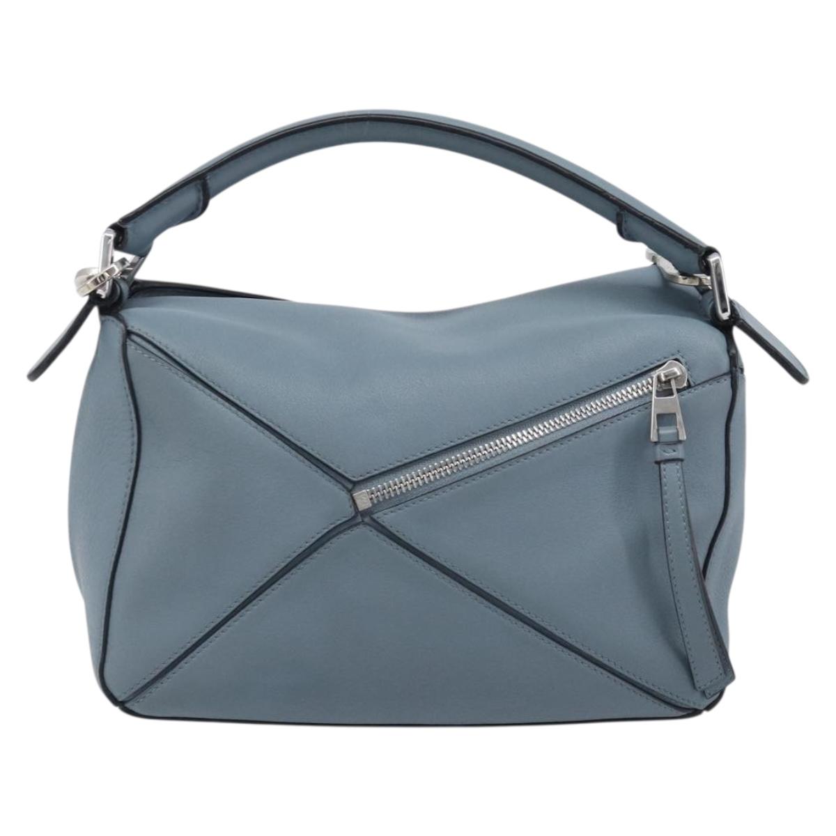 LOEWE Puzzle Bag Shoulder Bag Leather 2way Light Blue Silver Auth 209596M