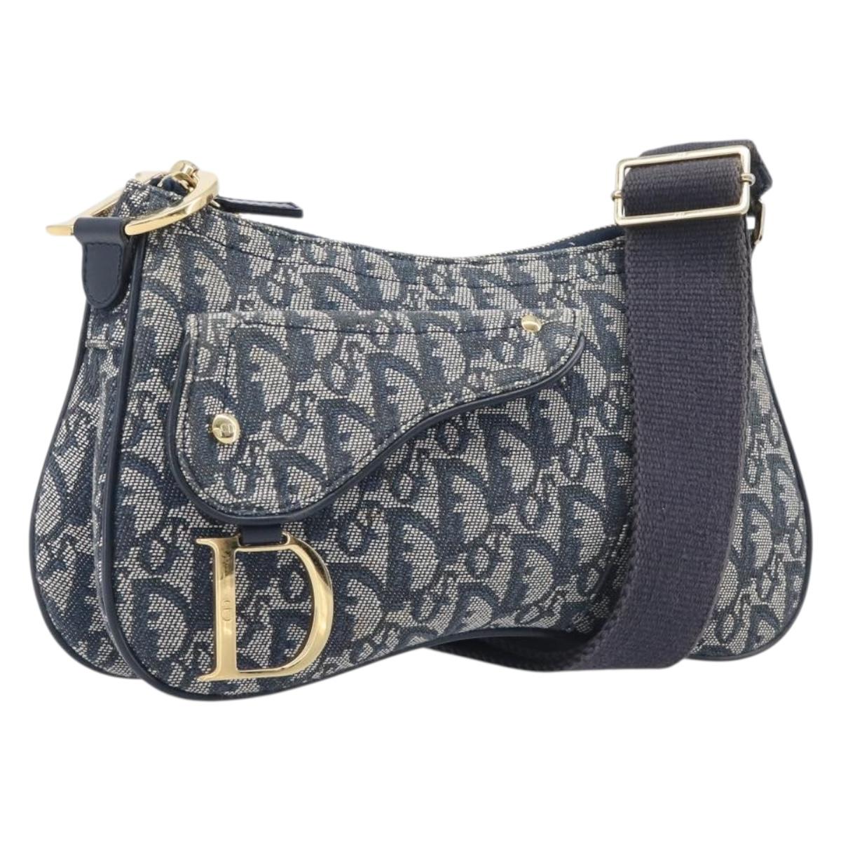 Christian Dior Trotter Canvas Saddle Shoulder Bag Navy Gold Tone Auth 209622V