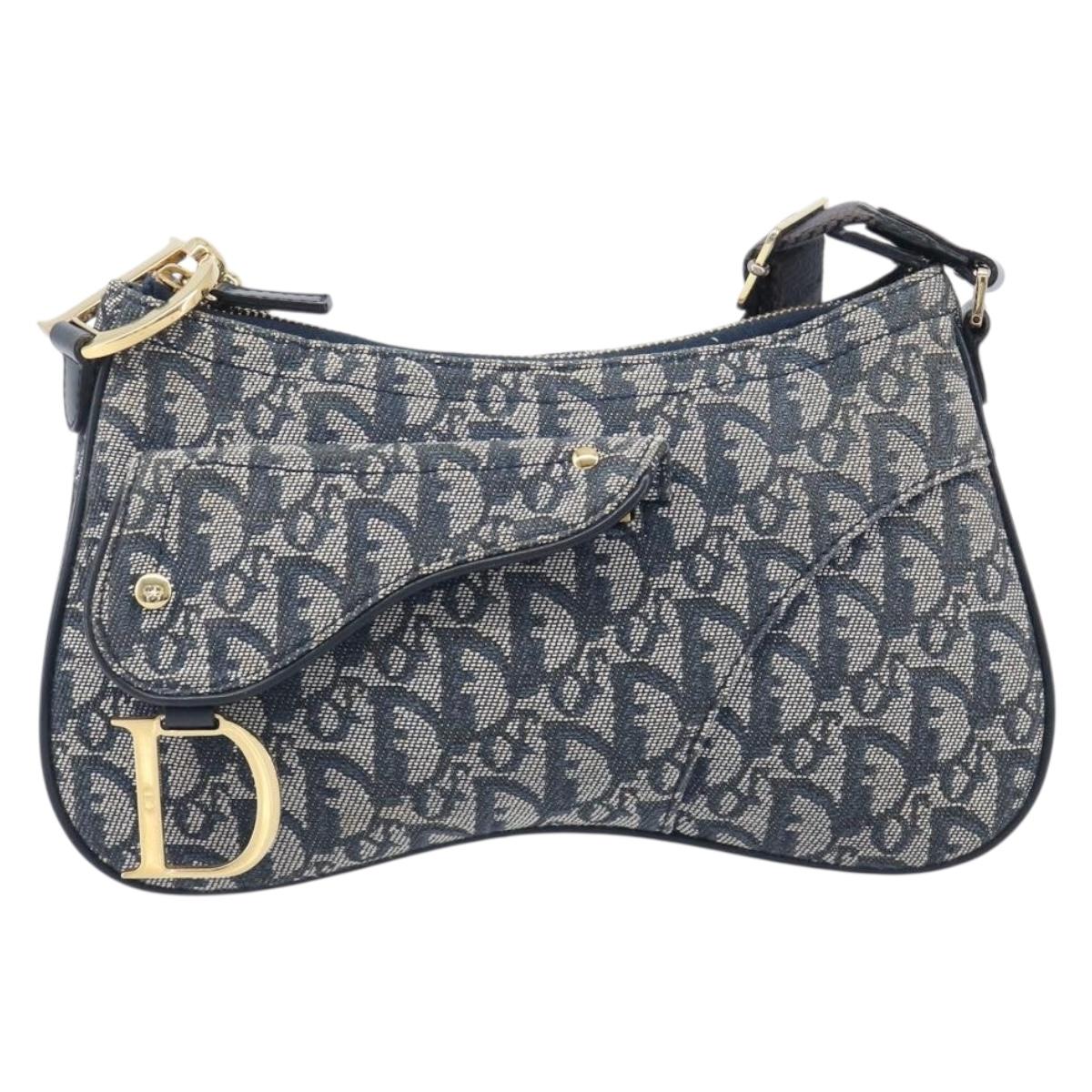 Christian Dior Trotter Canvas Saddle Shoulder Bag Navy Gold Tone Auth 209622V