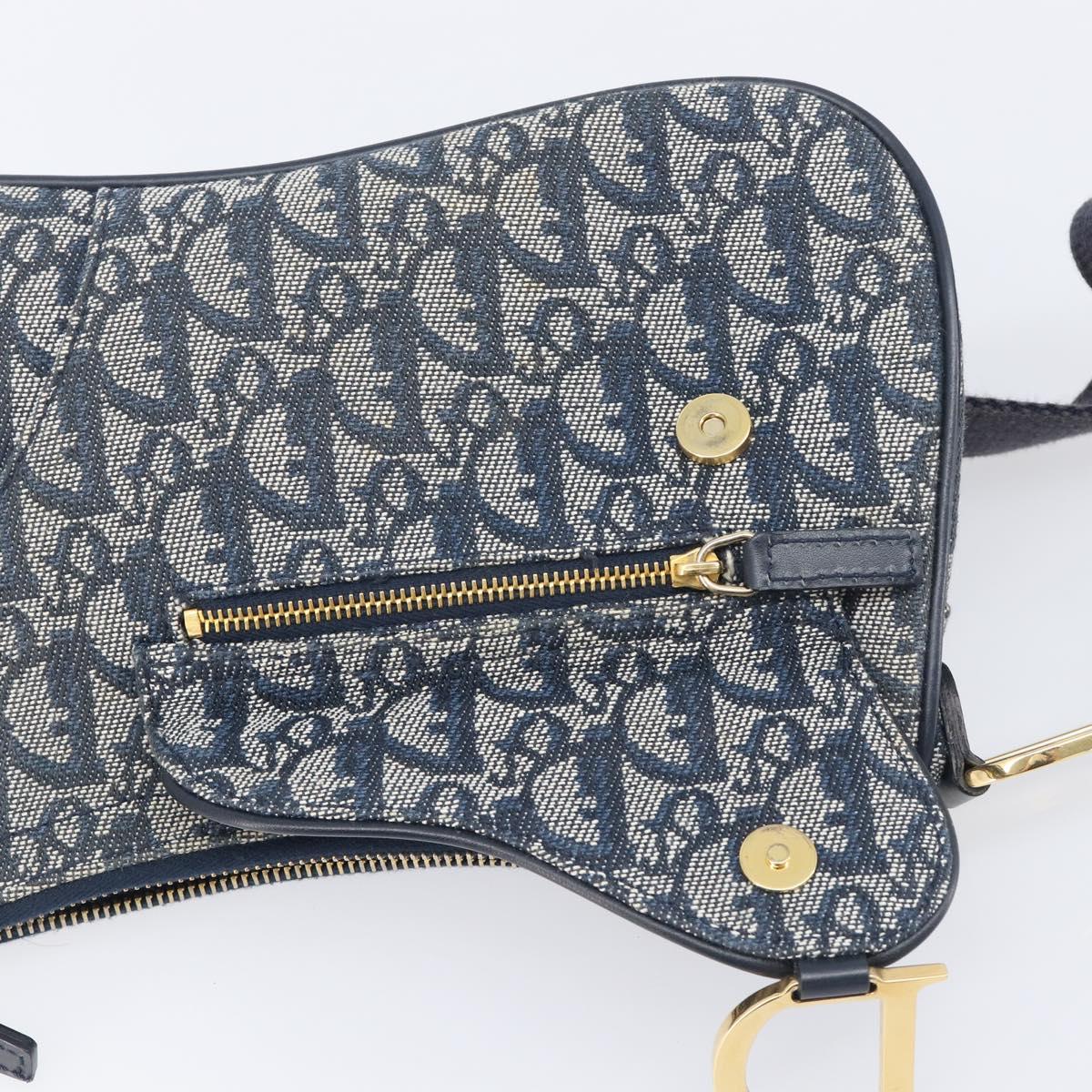 Christian Dior Trotter Canvas Saddle Shoulder Bag Navy Gold Tone Auth 209622V