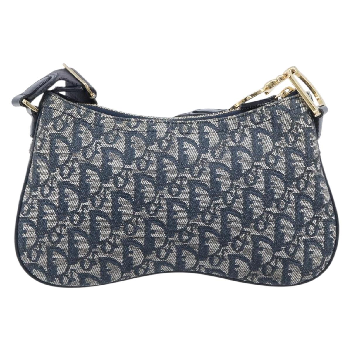 Christian Dior Trotter Canvas Saddle Shoulder Bag Navy Gold Tone Auth 209622V