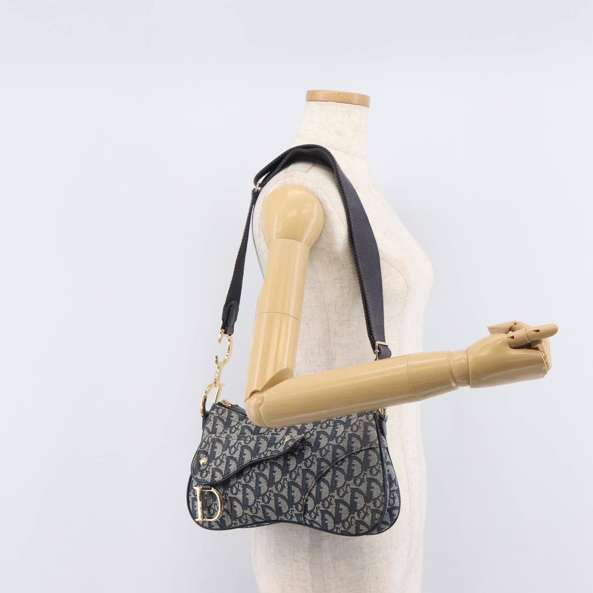Christian Dior Trotter Canvas Saddle Shoulder Bag Navy Gold Tone Auth 209622V