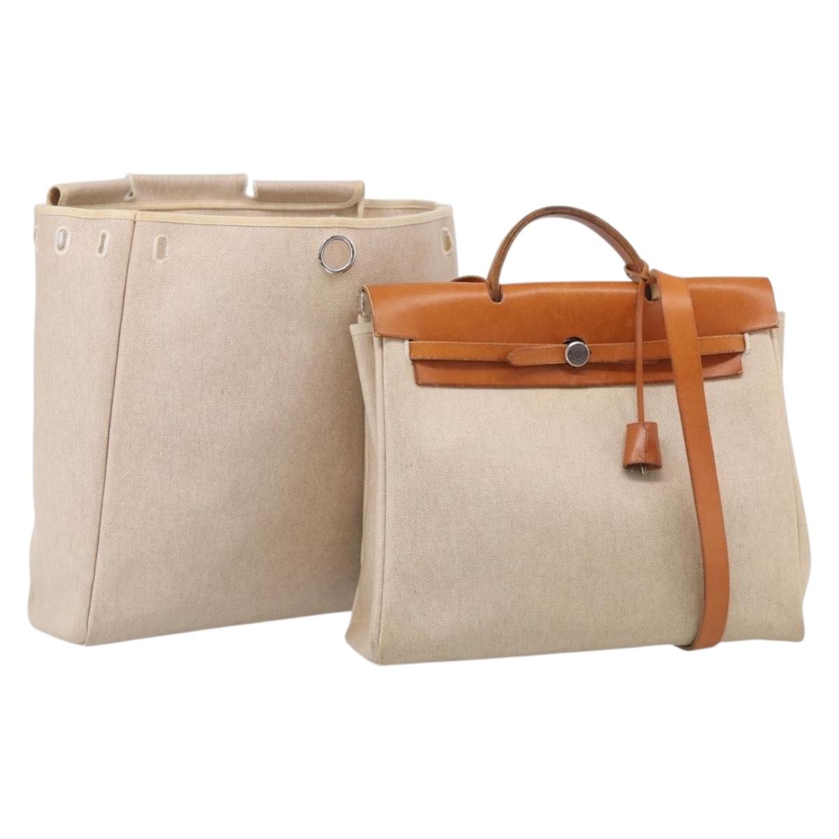 HERMES Herbag GM Hand Bag Canvas 2way Beige Silver Auth 209630
