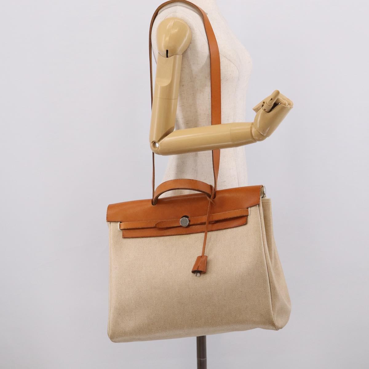 HERMES Herbag GM Hand Bag Canvas 2way Beige Silver Auth 209630