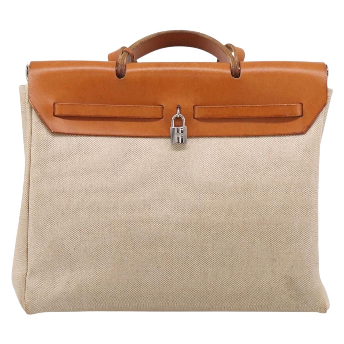 HERMES Herbag GM Hand Bag Canvas 2way Beige Silver Auth 209630
